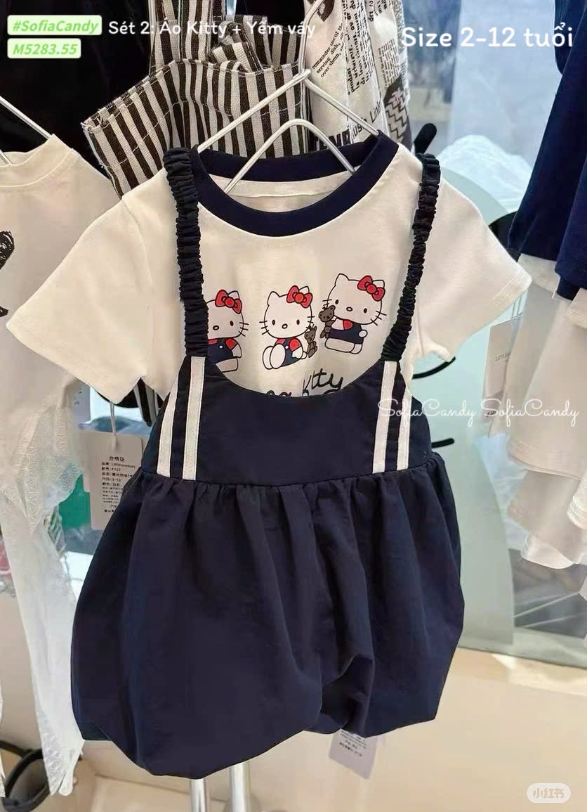 M5283 - Set yếm Mia Kids áo trắng kitty + váy yếm navy bé gái size 2-12y