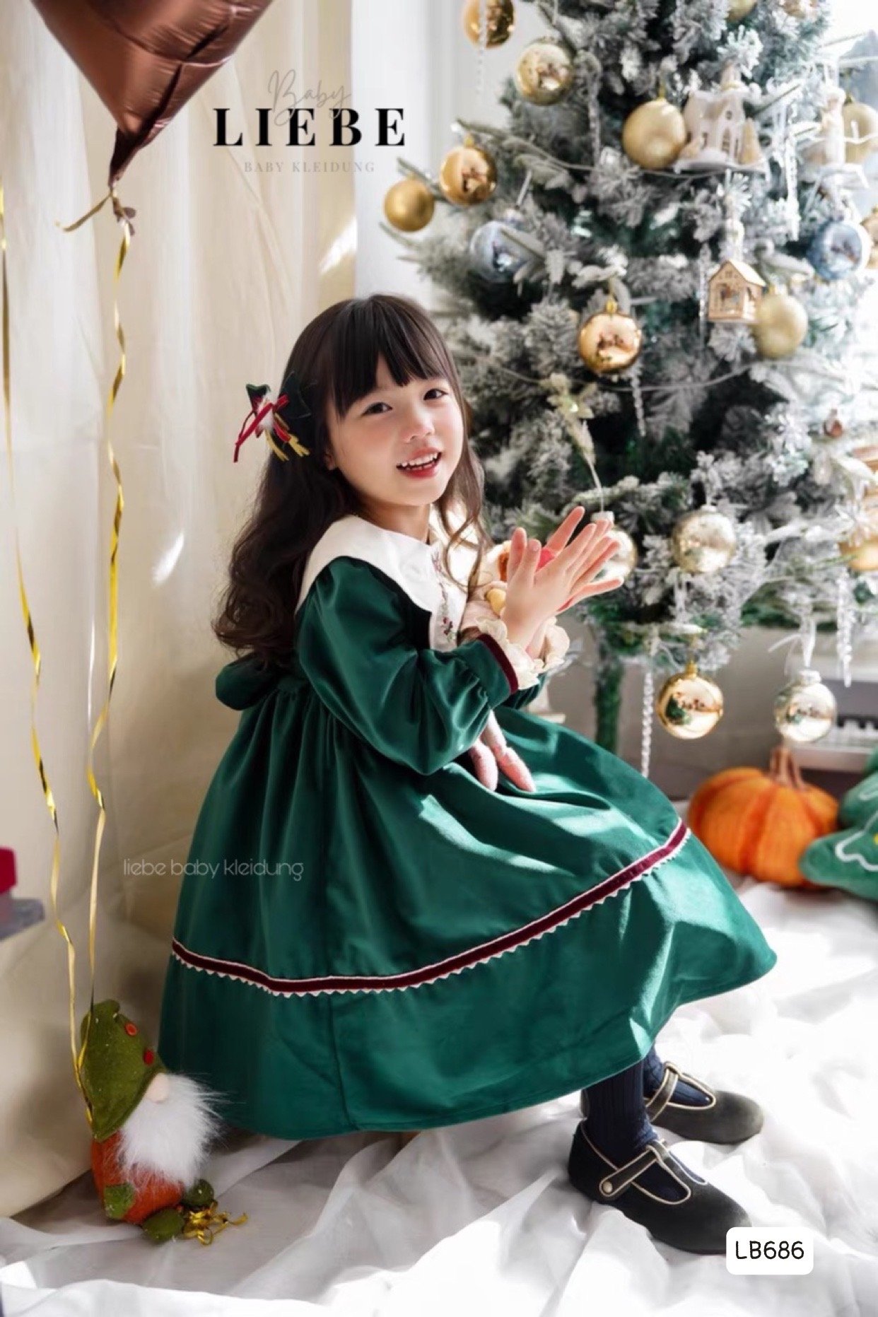 Váy nhung Liebe màu xanh cổ trắng BG size 2-11y