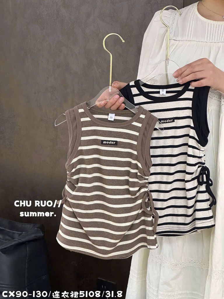 Váy thun tăm QC kẻ ngang rút eo 2 màu nâu, đen bé gái size 90-130