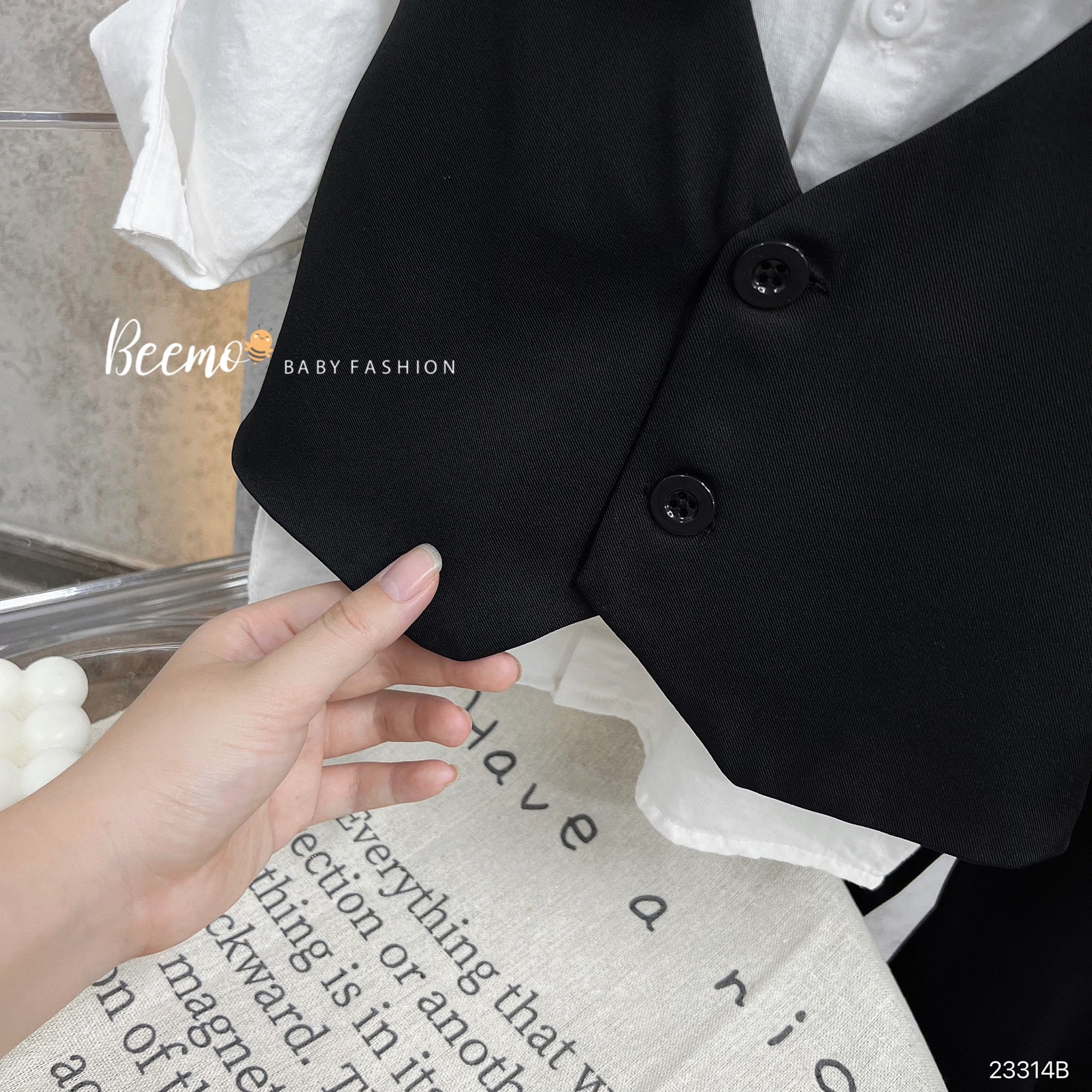 Set 5 chi tiết Beemo áo Vest kẻ đen + Gile đen + áo sơ mi + quần + nơ size 80 - 130