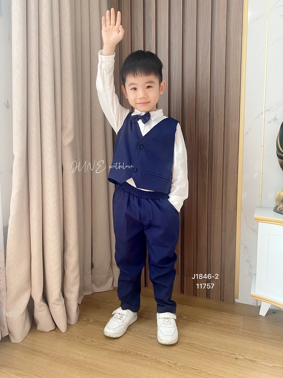 Set 4ct sơ mi + nơ + gile + quần June 3 màu 1-7y BT