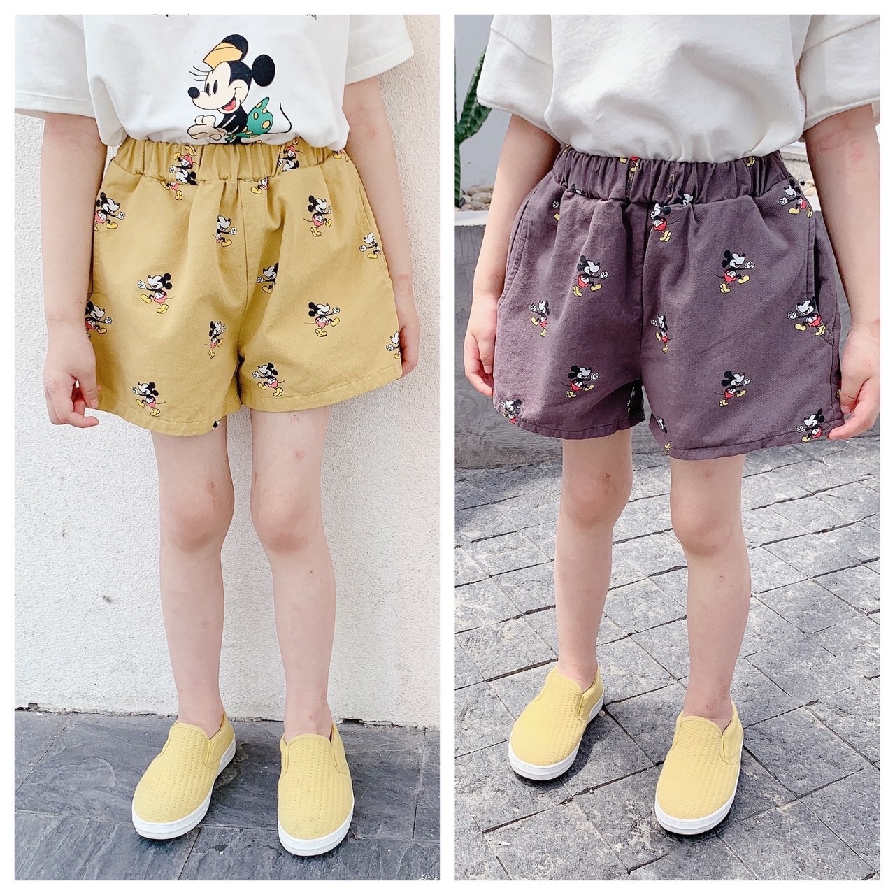 Quần kaki Kids fashion màu vàng hình mickey