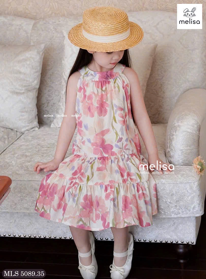 MLS 5089 - Váy Melisa cổ yếm vải thô hoa hồng bé gái size 2-12y