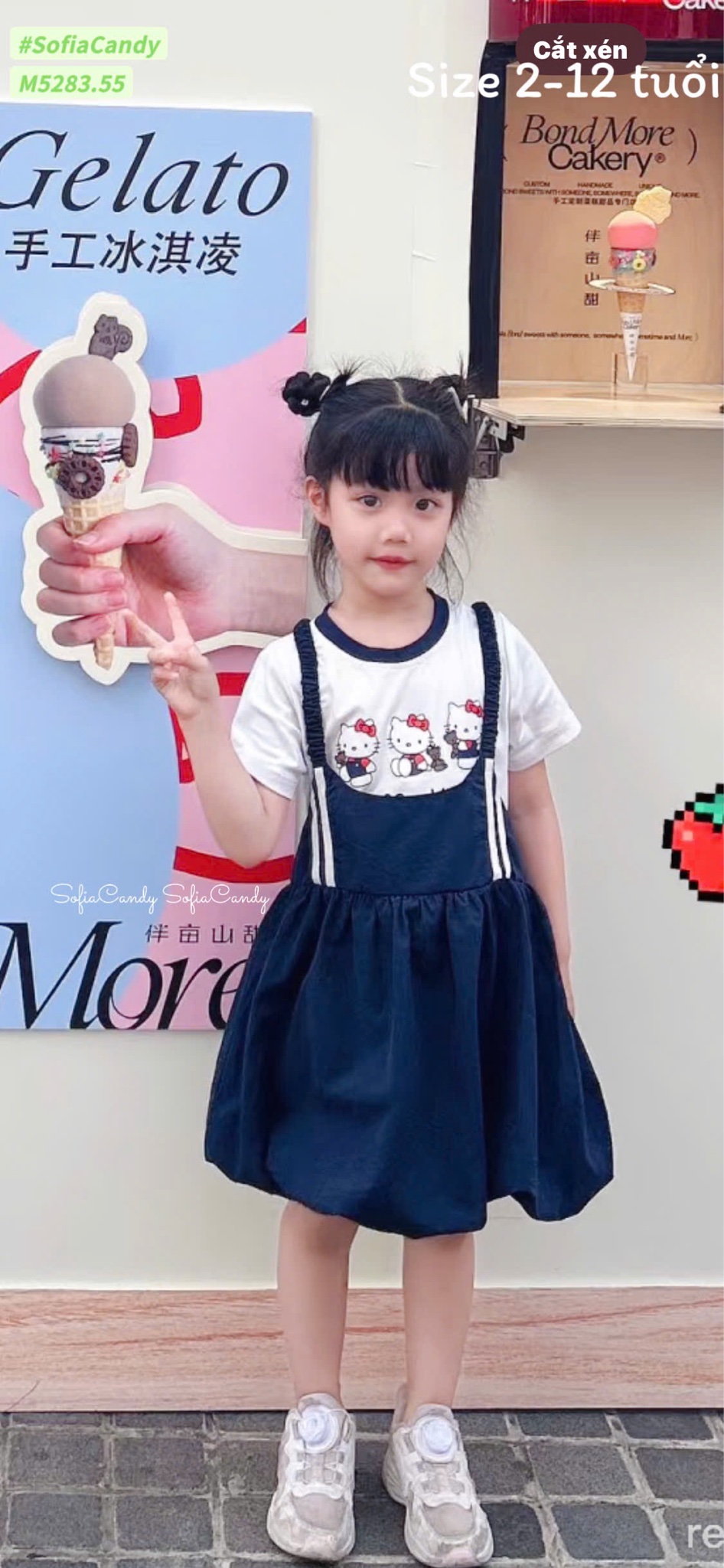 M5283 - Set yếm Mia Kids áo trắng kitty + váy yếm navy bé gái size 2-12y