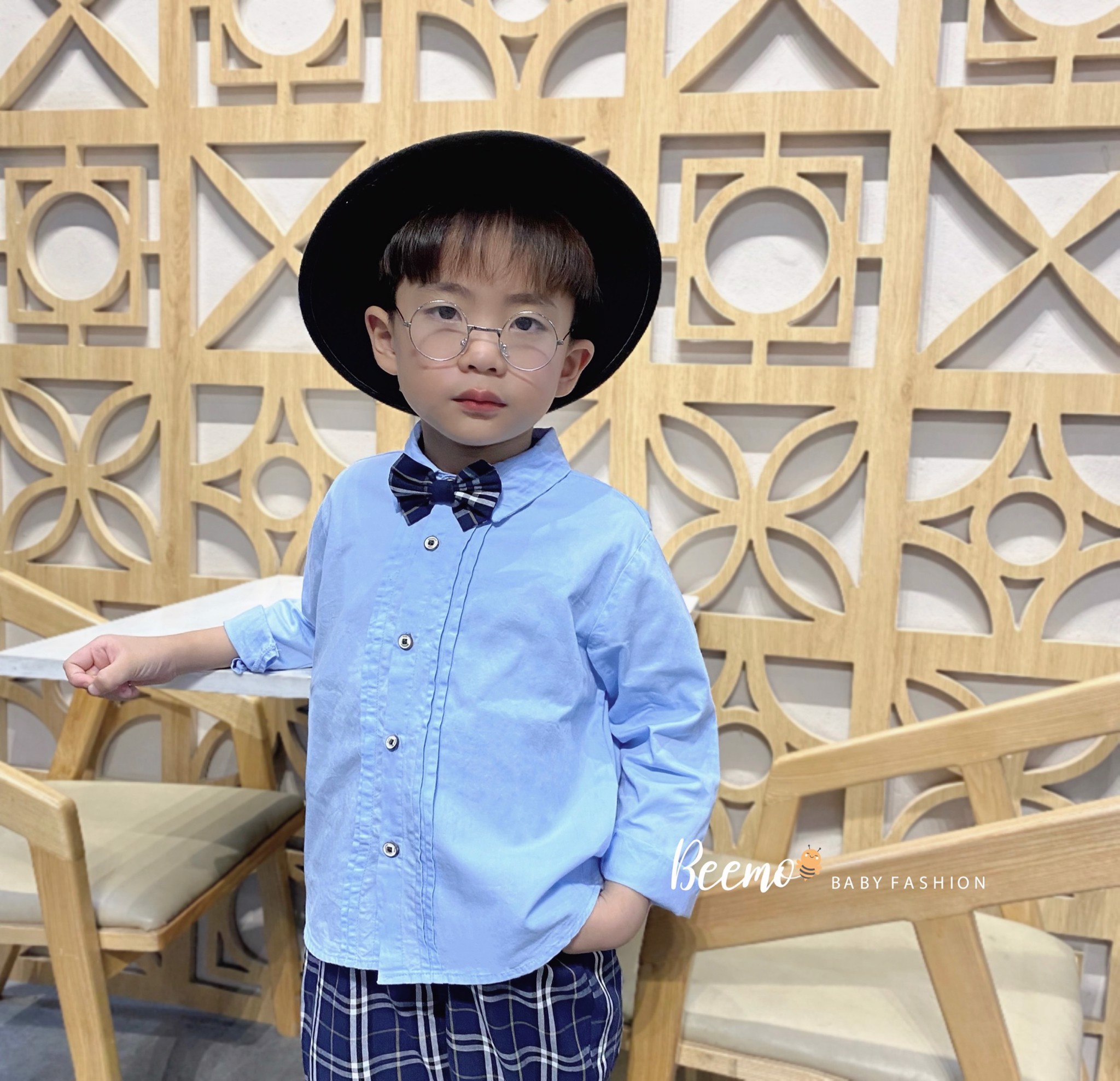 Set bộ Beemo sơ mi kèm nơ + quần kẻ BBR 2 màu size 80 - 130