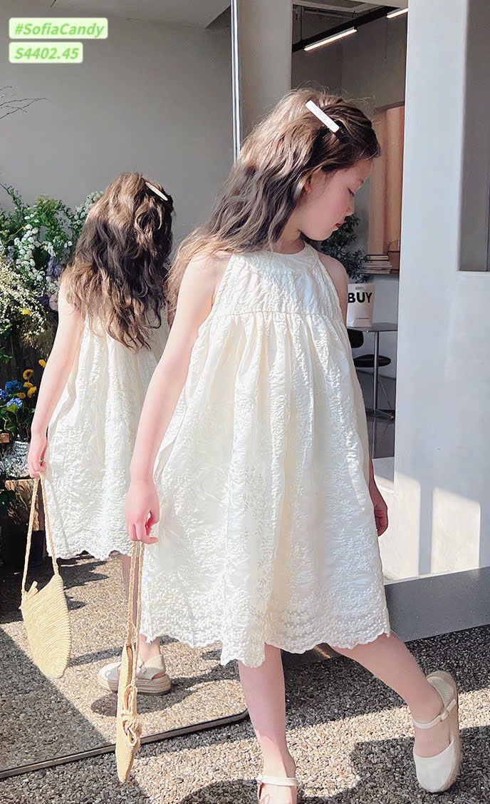 S4402 - Váy Sofia Candy màu be thêu hoa cổ yếm bé gái size 1-10y