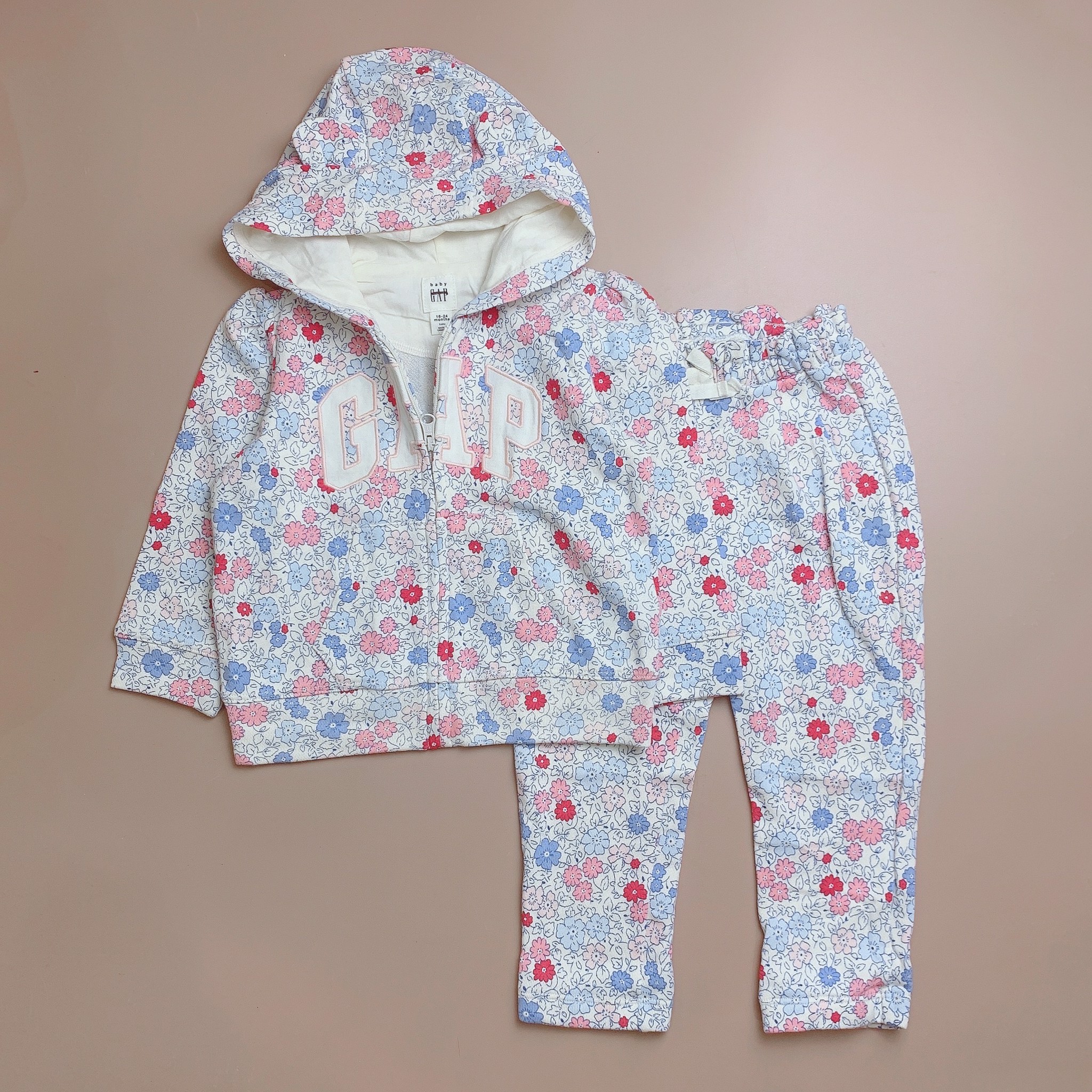 Bộ nỉ da cá Babygap màu trắng hoa xanh đỏ