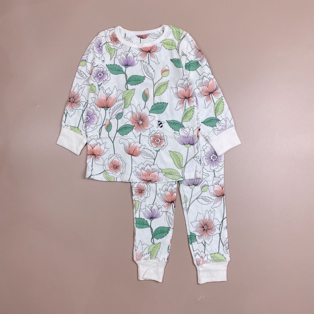 Bộ cotton Next TQXK màu trắng hoạ tiết hoa cam tím to