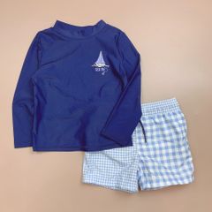 Bộ bơi Carter áo dài tay màu navy hình thuyền Sea Ya - quần caro xanh trắng size 6m - 5y