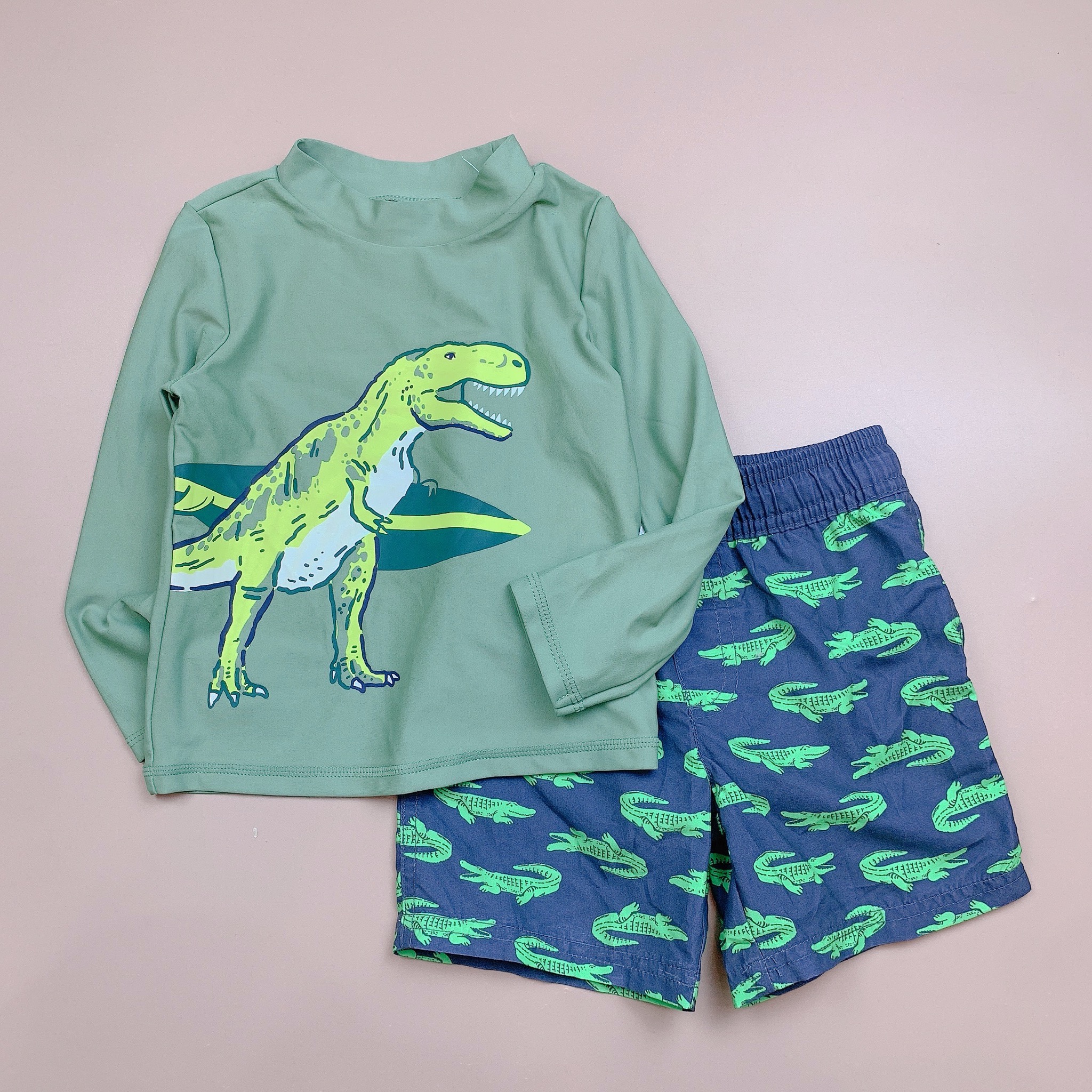Bộ bơi Carter áo dài tay màu rêu hình khủng long - 2 màu quần size 6m - 5y