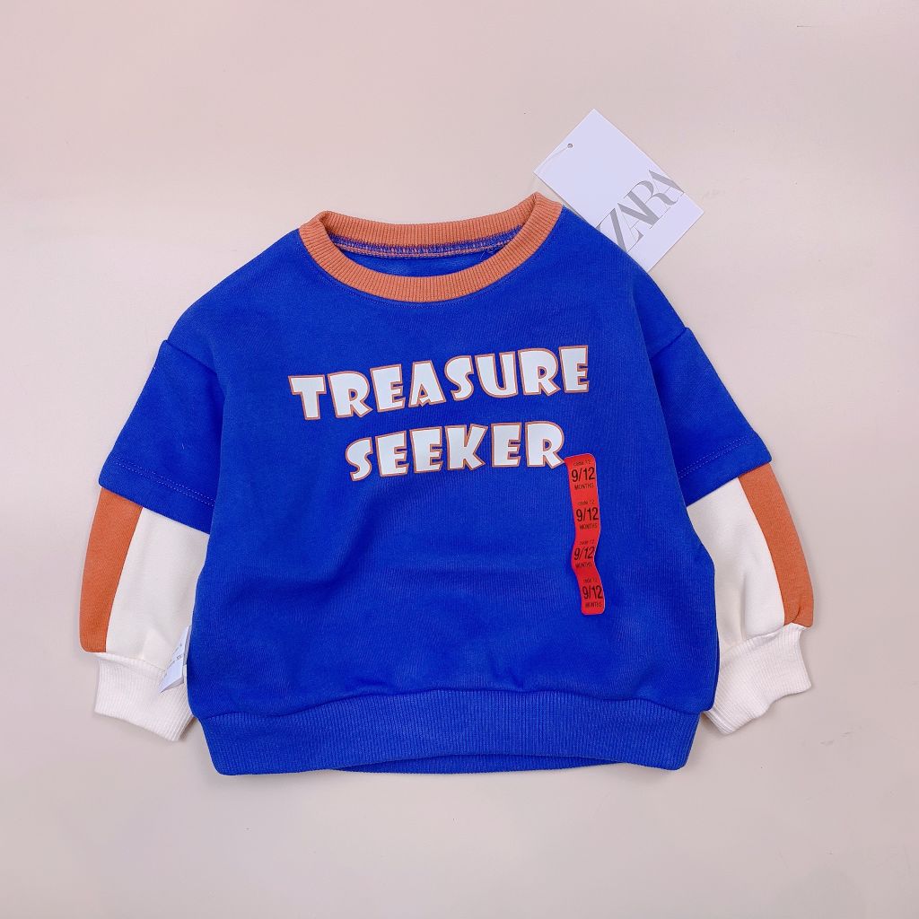 Áo nỉ băng lông Zara màu xanh Treasure Seeker phối tay size 12m - 5y