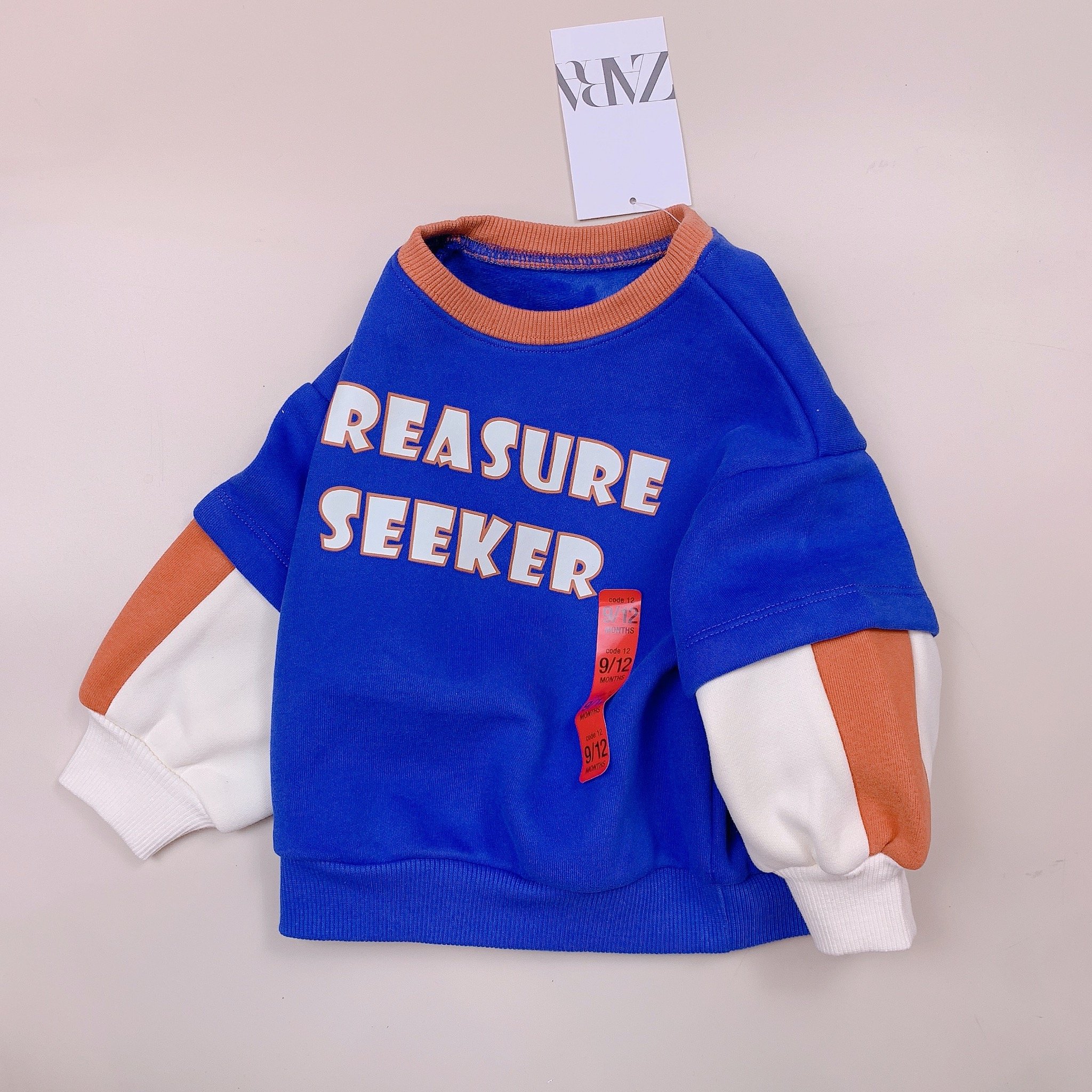 Áo nỉ băng lông Zara màu xanh Treasure Seeker phối tay size 12m - 5y