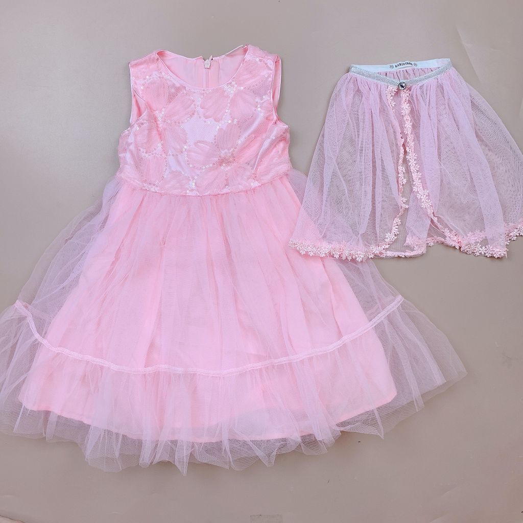 Váy sát nách Babidiboo voan hồng kim sa ngực ( kèm khăn voan choàng ) size 100 - 140