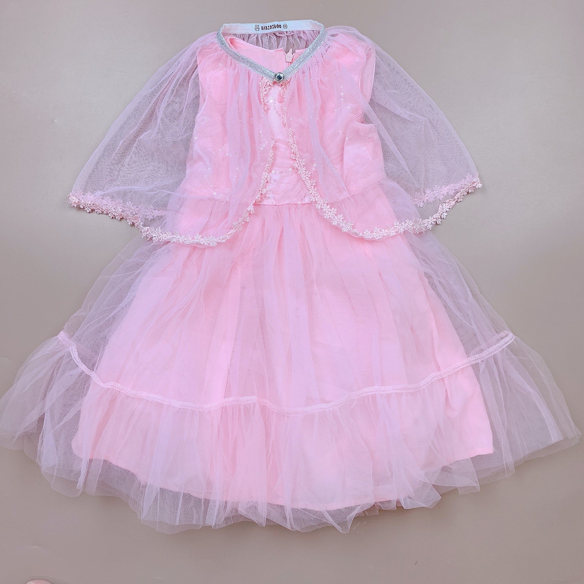Váy sát nách Babidiboo voan hồng kim sa ngực ( kèm khăn voan choàng ) size 100 - 140