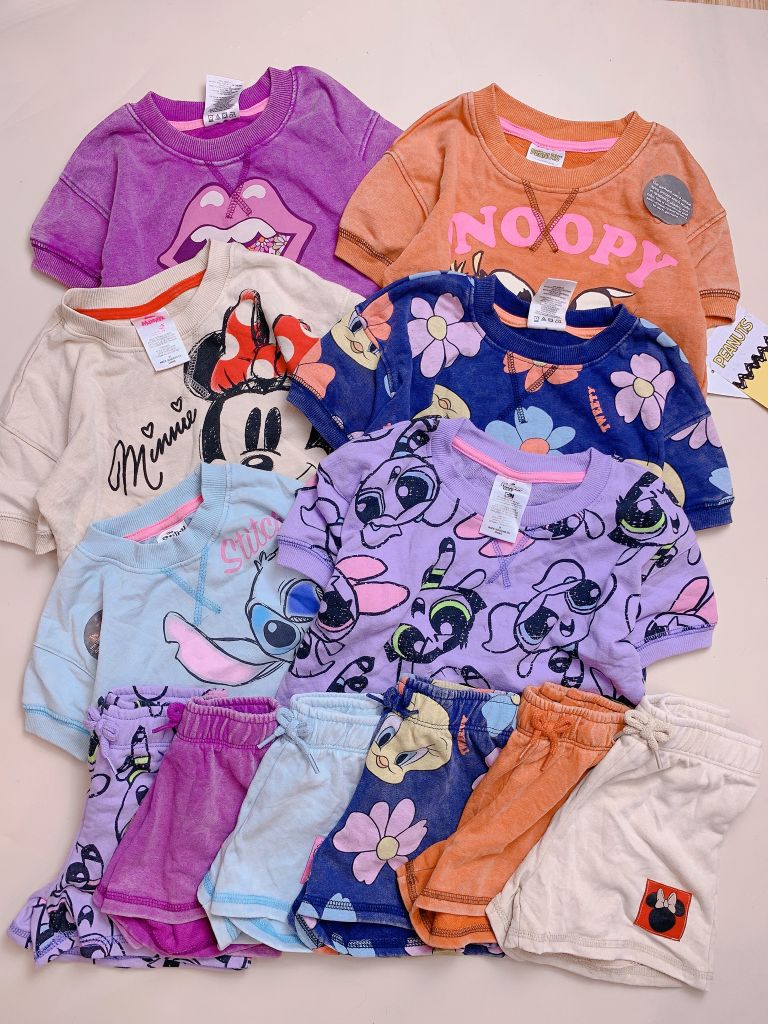 Bộ da cá Disney vải wash mềm hoạ tiết hoạt hình nhiều màu BTBG size 1-5y