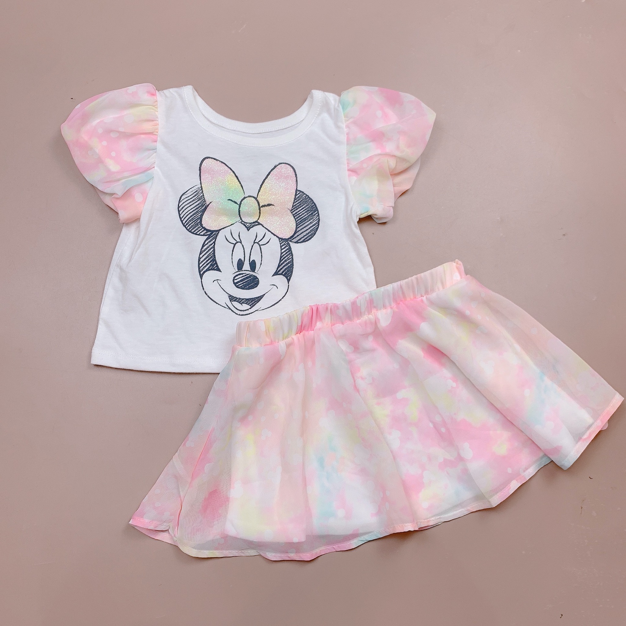 Set áo + chân váy Disney Minnie cotton phối voan hồng size 1-5y