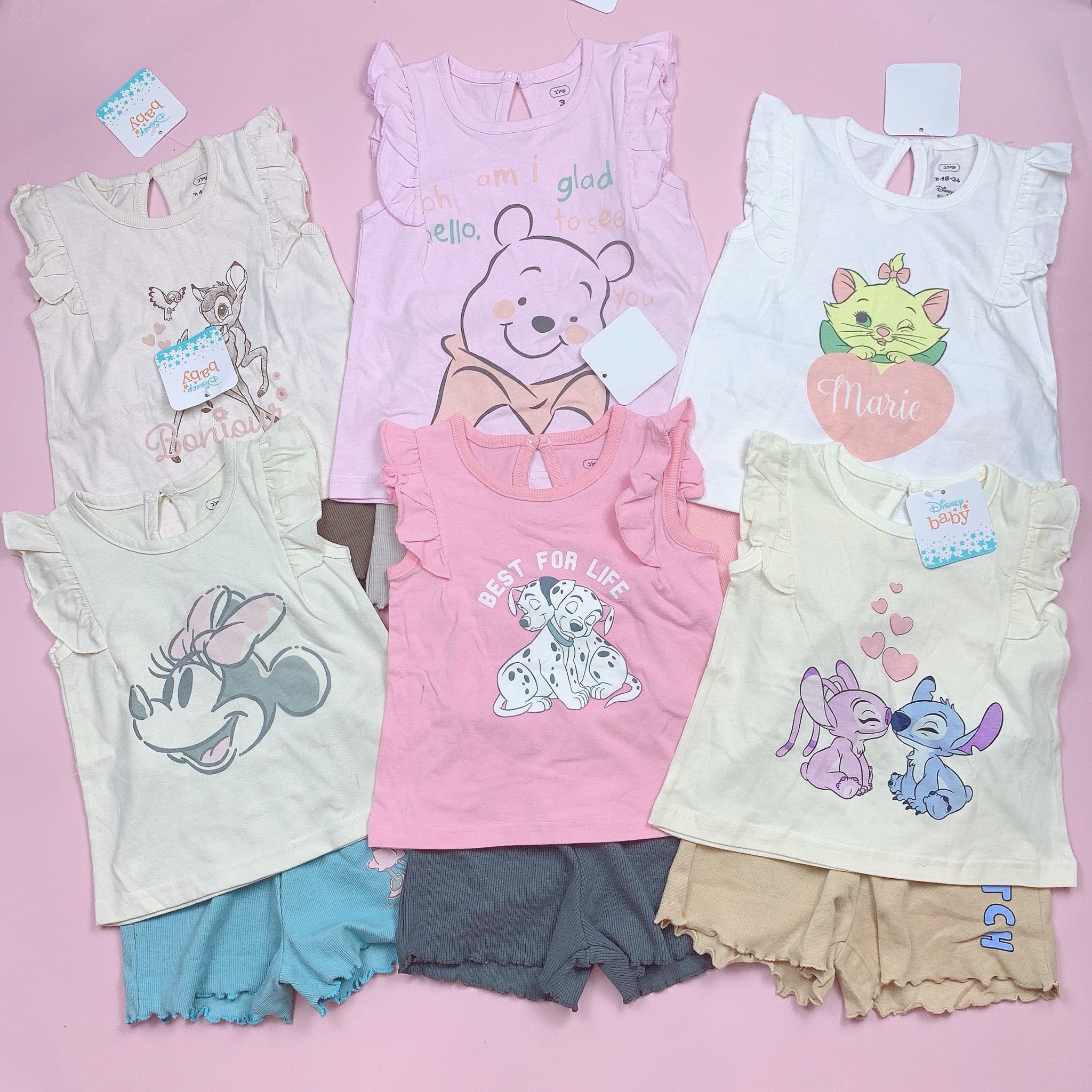 Bộ Disney áo cotton tay cánh tiên + quần thun tăm nhiều màu BG size 1-3y