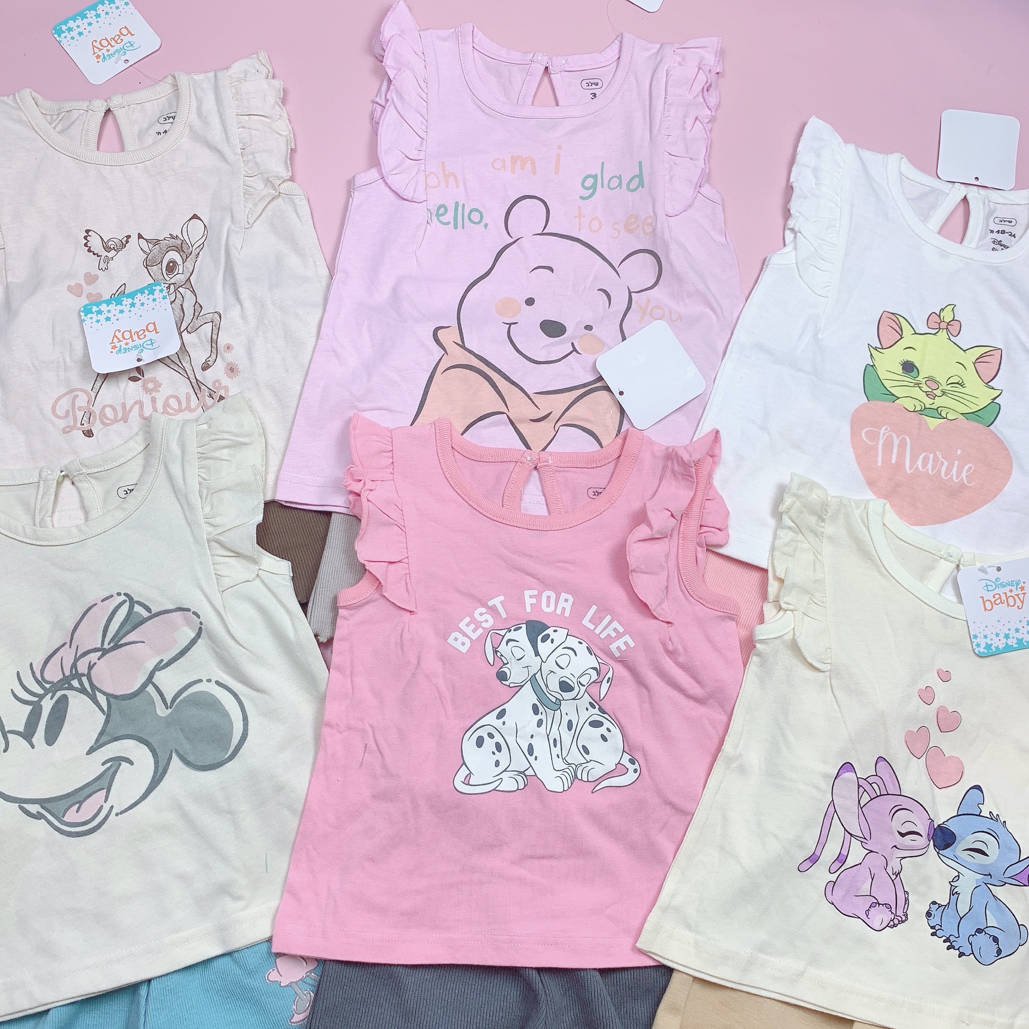 Bộ Disney áo cotton tay cánh tiên + quần thun tăm nhiều màu BG size 1-3y