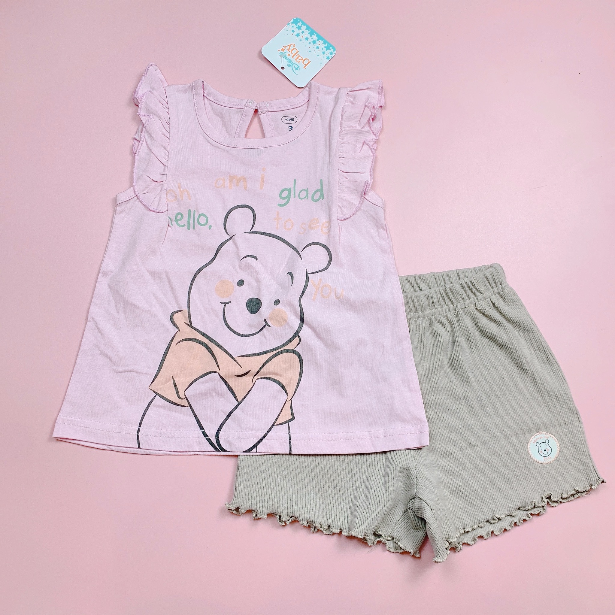 Bộ Disney áo cotton tay cánh tiên + quần thun tăm nhiều màu BG size 1-3y