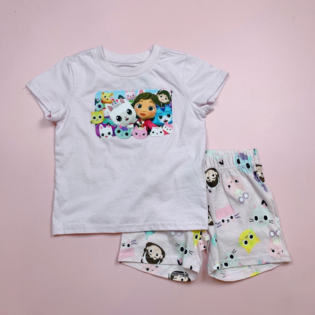 Bộ cotton Delta màu hồng tím hoạ tiết mèo BG size 2-10y