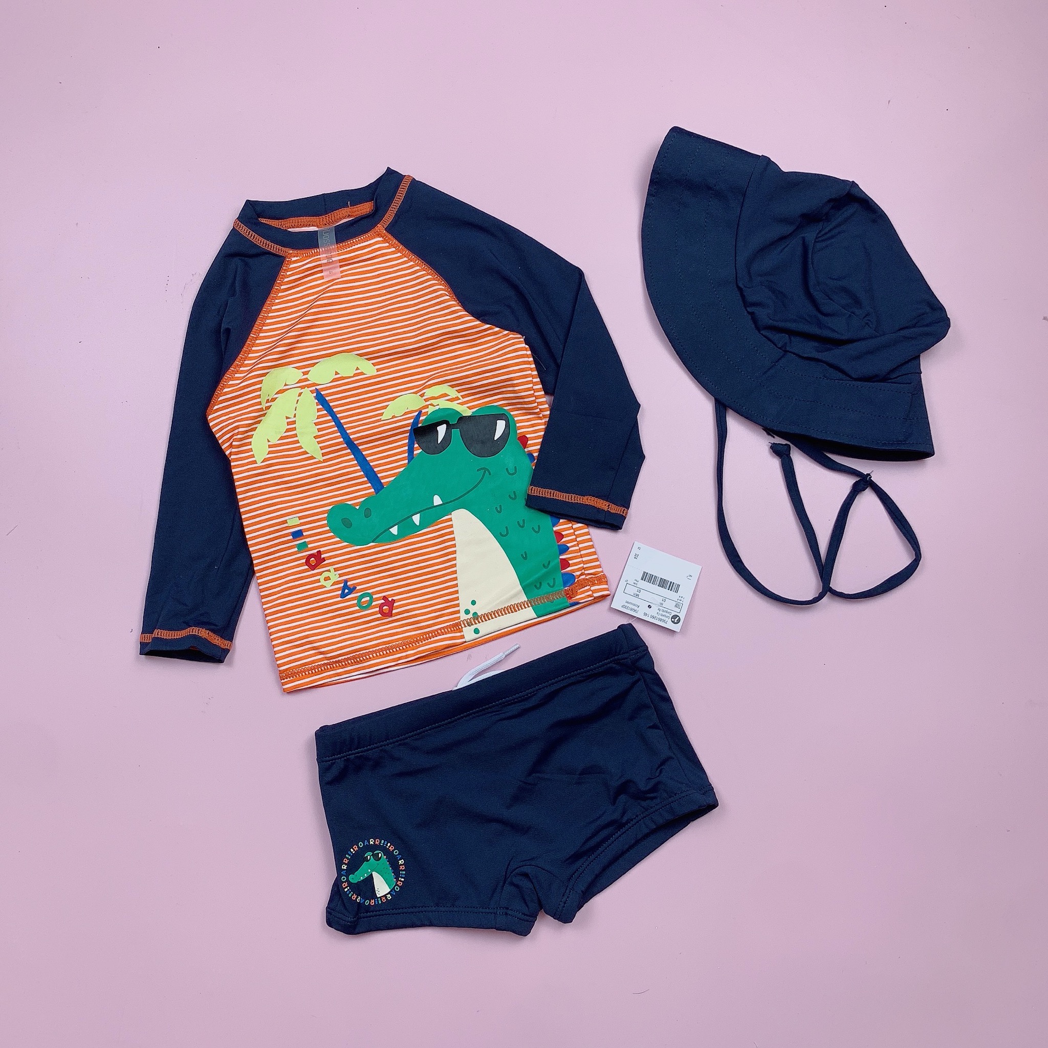 Bộ bơi 3ct Accessories kẻ cam cá sấu kèm mũ BT size 1-4y