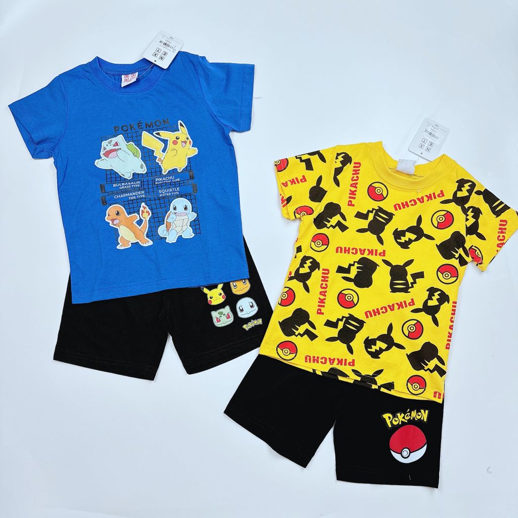 Bộ cotton Pokemon 2 màu xanh, vàng BT size 110-150