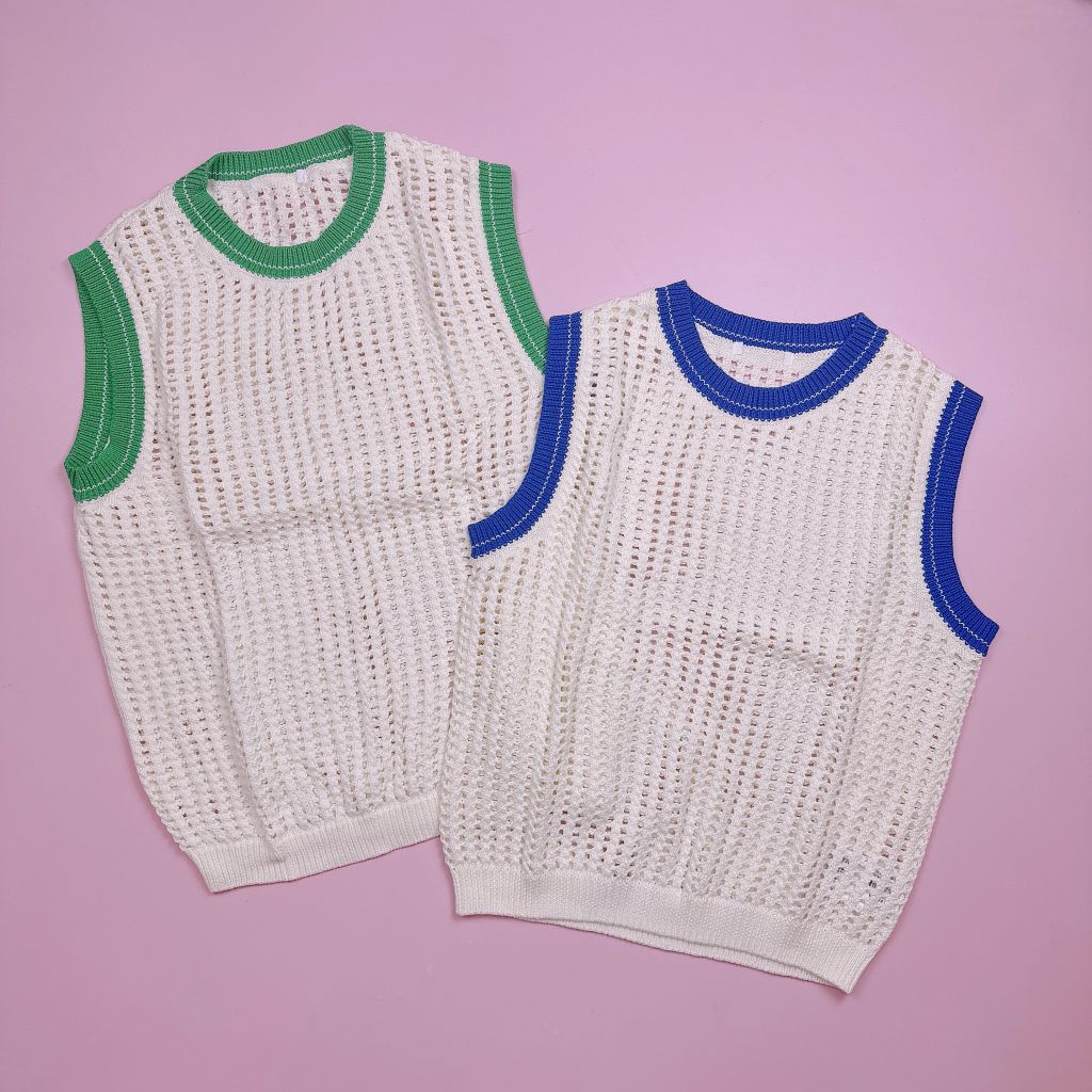 Áo gile len lưới Topten màu trắng kem viền xanh 2 màu size 120 - 160