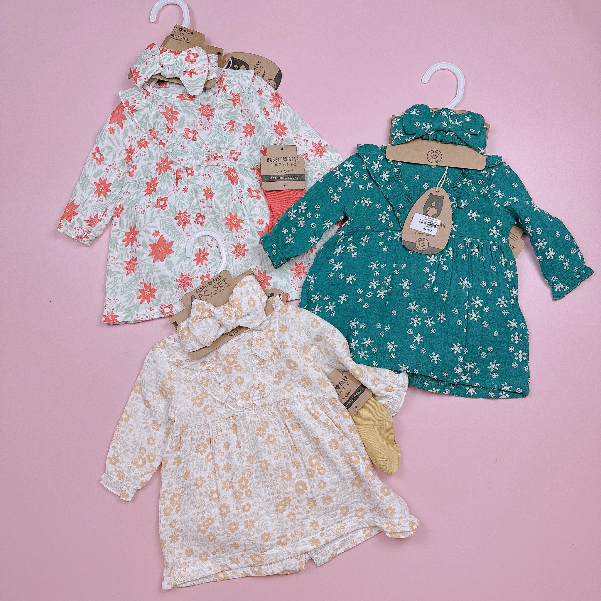 Set 4ct Rabbit Bear váy muslin + quần chip + băng đô + tất bé gái size 3-12m