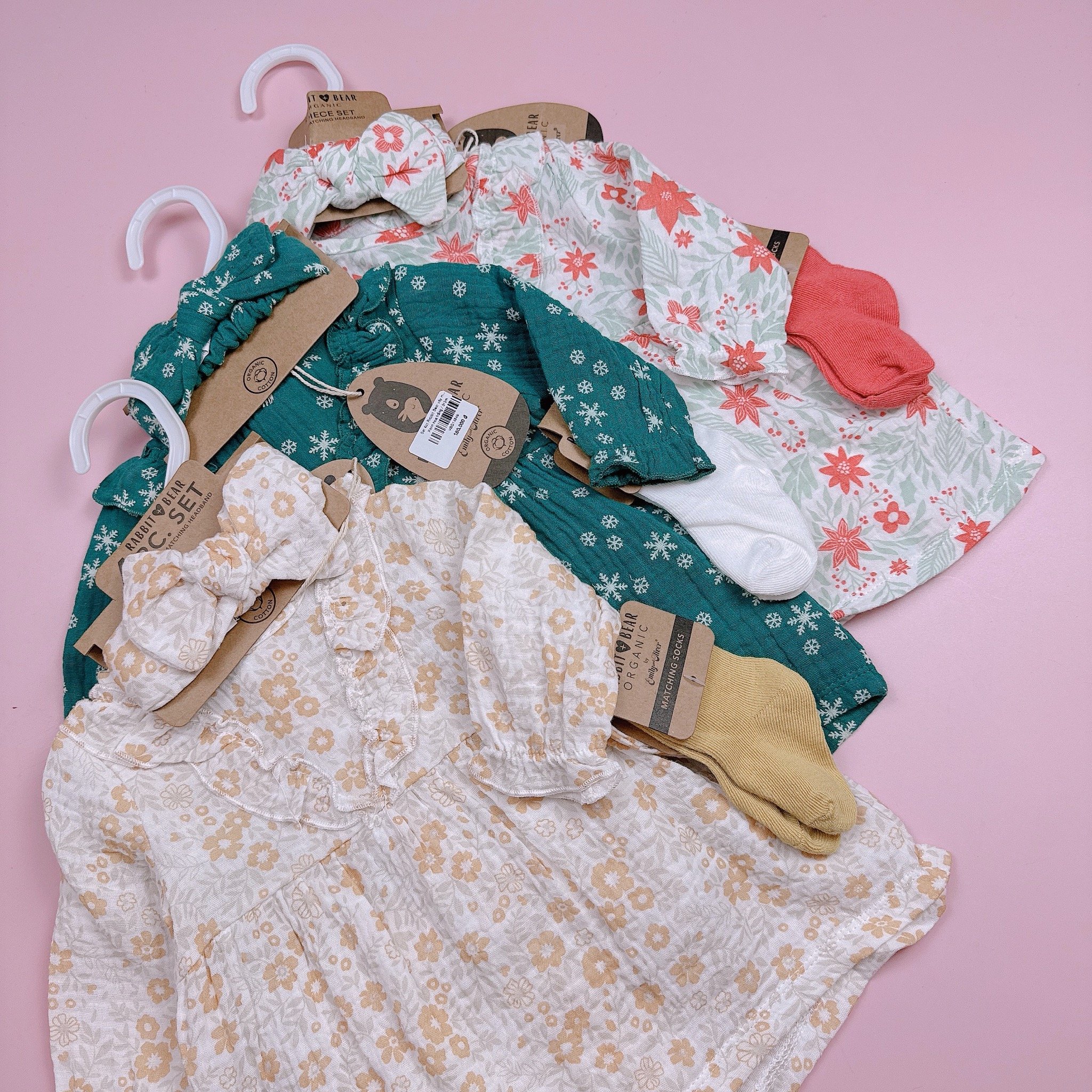 Set 4ct Rabbit Bear váy muslin + quần chip + băng đô + tất bé gái size 3-12m