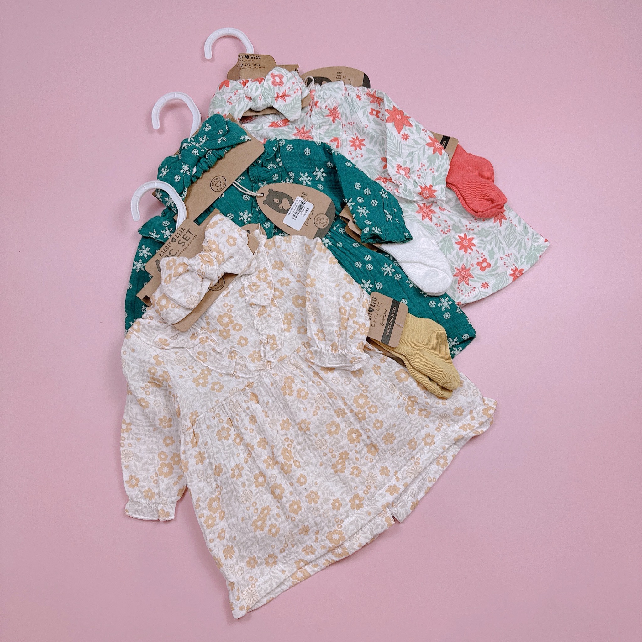 Set 4ct Rabbit Bear váy muslin + quần chip + băng đô + tất bé gái size 3-12m