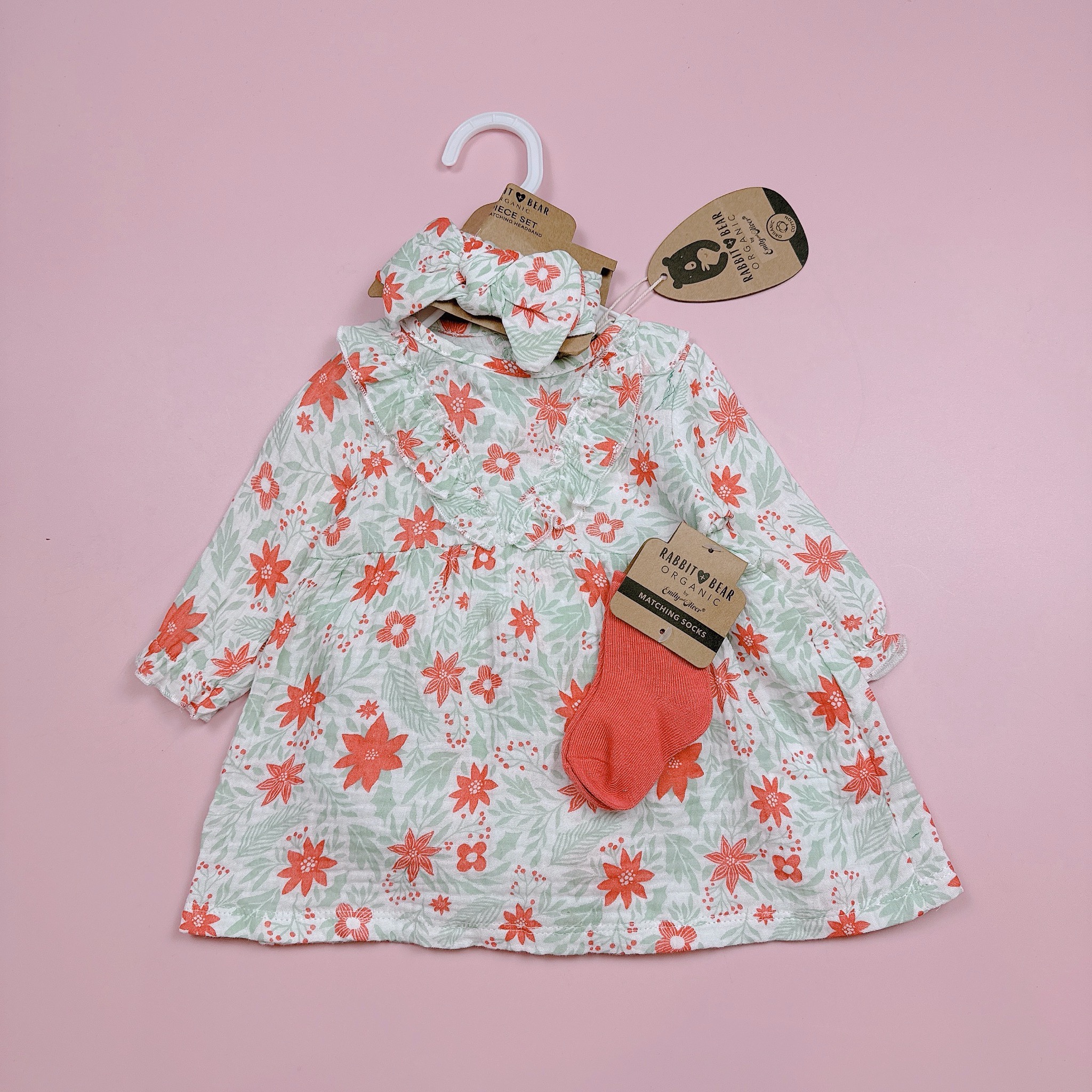 Set 4ct Rabbit Bear váy muslin + quần chip + băng đô + tất bé gái size 3-12m
