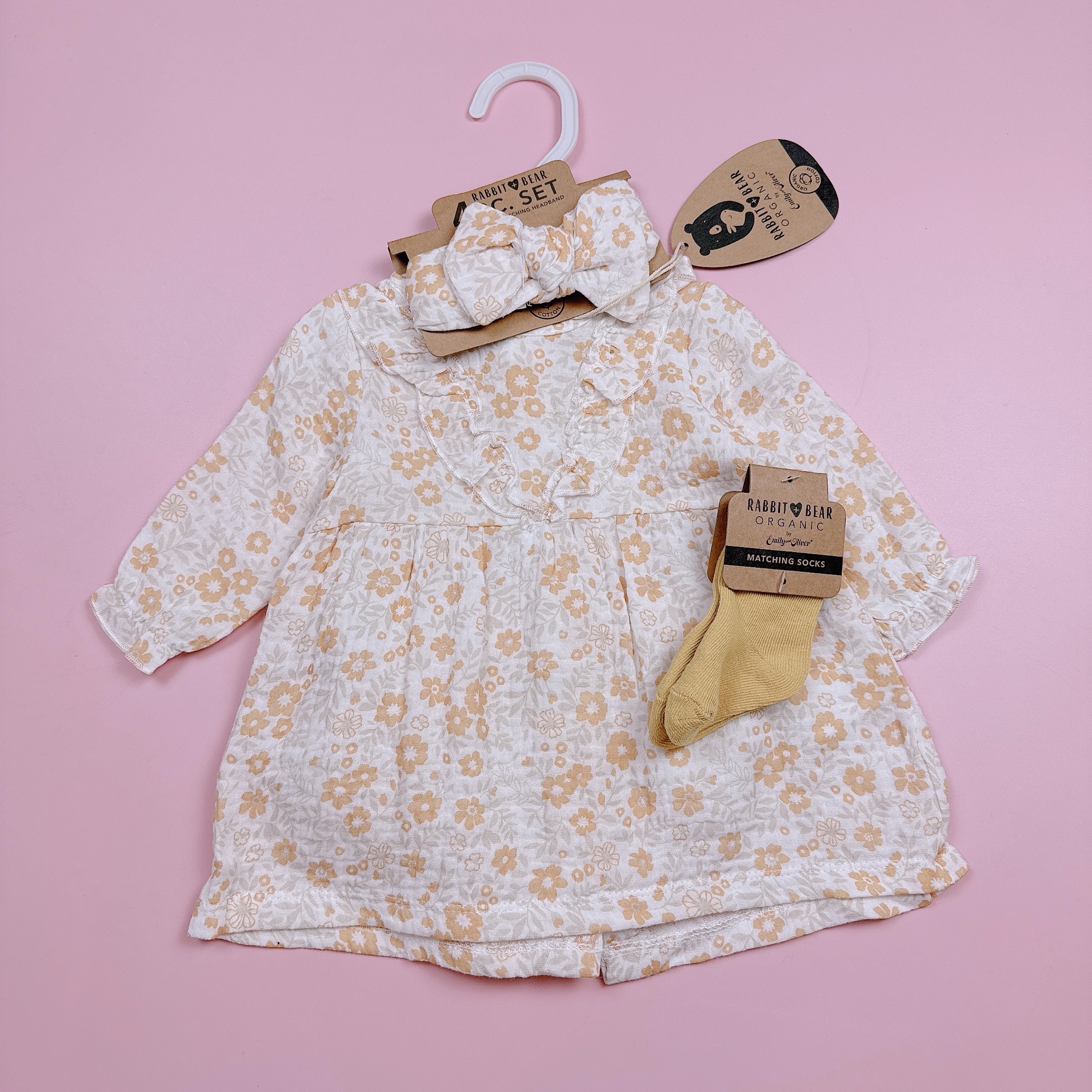 Set 4ct Rabbit Bear váy muslin + quần chip + băng đô + tất bé gái size 3-12m