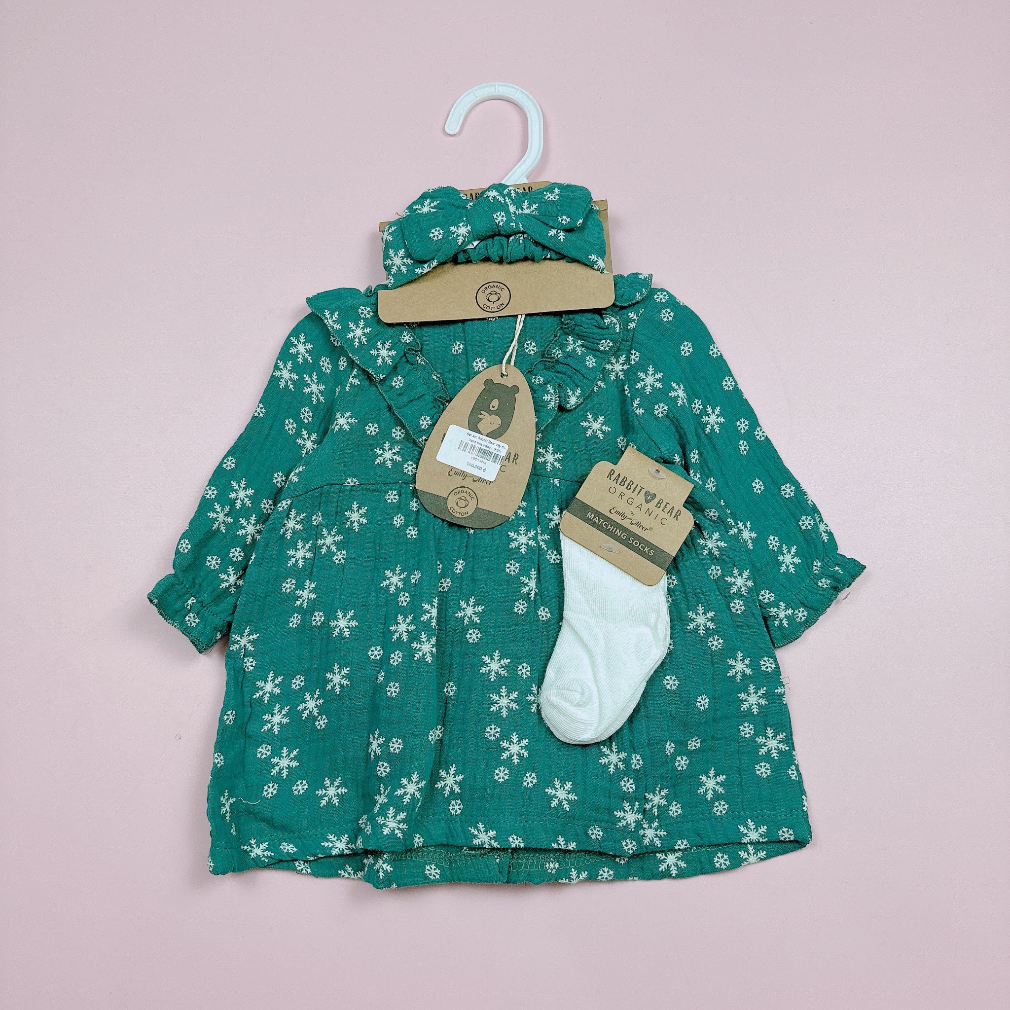 Set 4ct Rabbit Bear váy muslin + quần chip + băng đô + tất bé gái size 3-12m