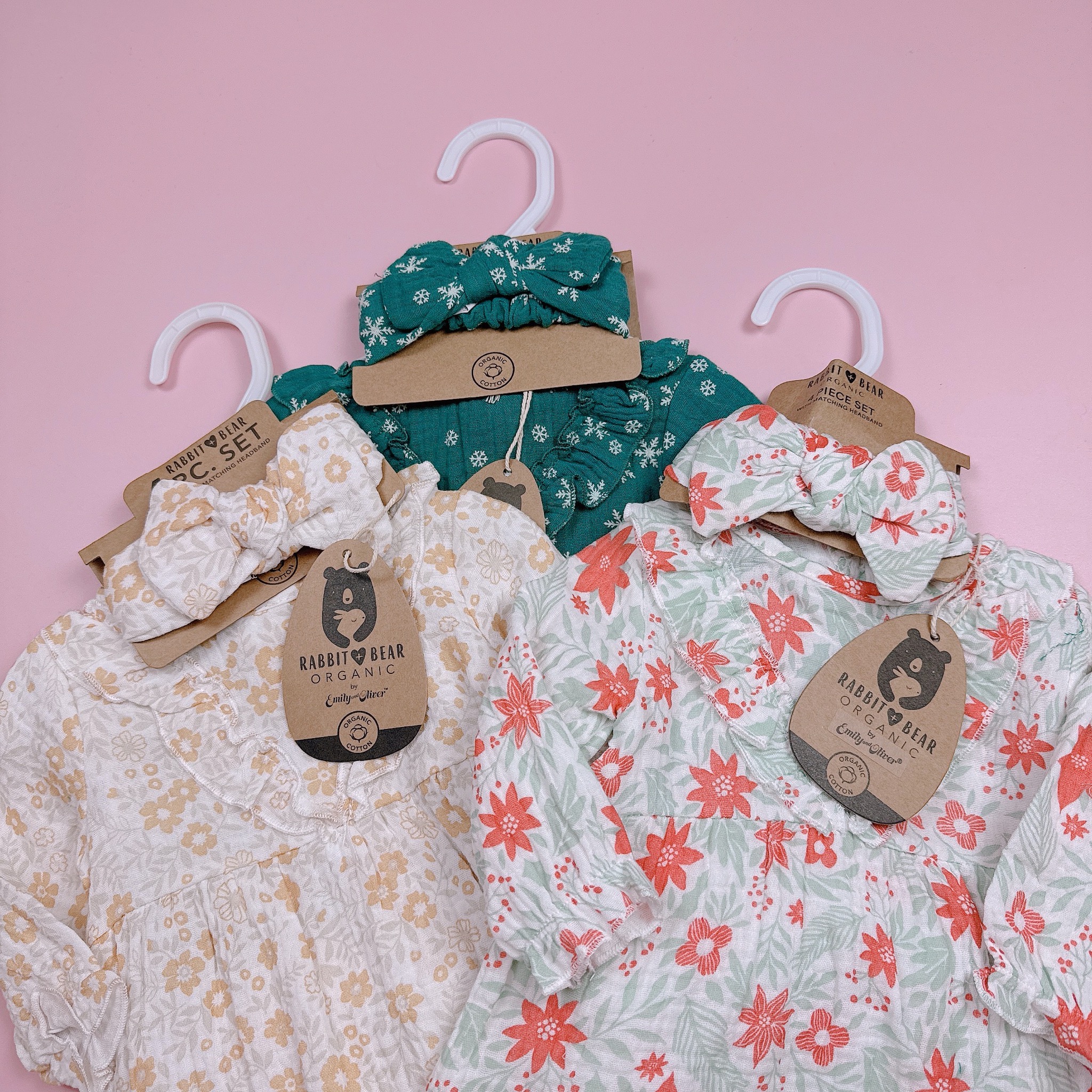 Set 4ct Rabbit Bear váy muslin + quần chip + băng đô + tất bé gái size 3-12m