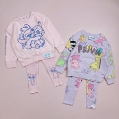 Bộ Disney áo nỉ bông - quần thun tăm dư xịn cho bé gái Peppa Pig, Stitch size 2 - 6y