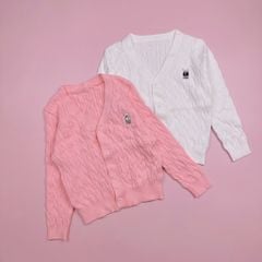 Áo cardigan len vặn thừng Spao trơn màu thêu gấu ngực size 110 - 160