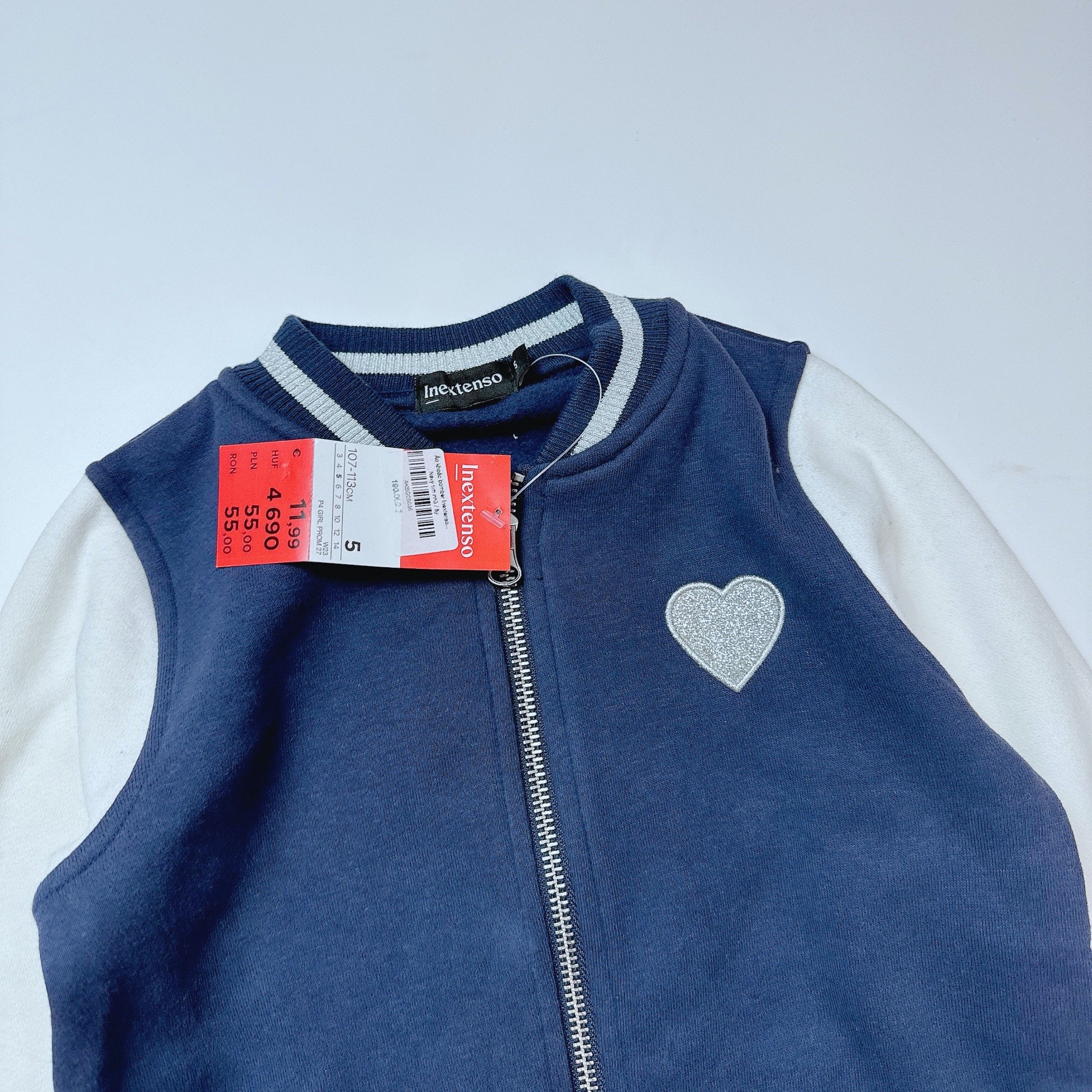 Áo khoác bomber Inextenso màu navy phối tay trắng tim nhũ size 3 - 14y