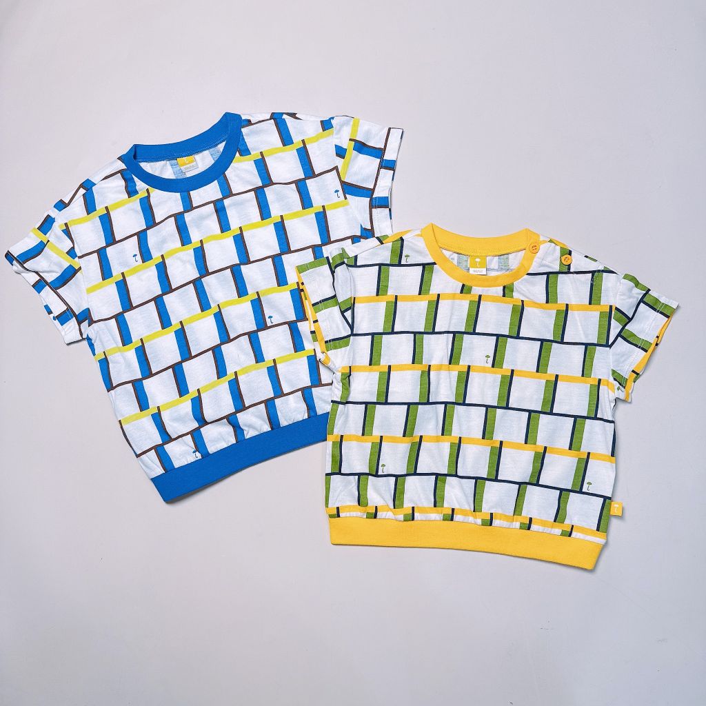 Áo thun cotton Moimoln xuất Hàn dư xịn 2 màu hoạ tiết vàng, xanh cho bé size 90-130