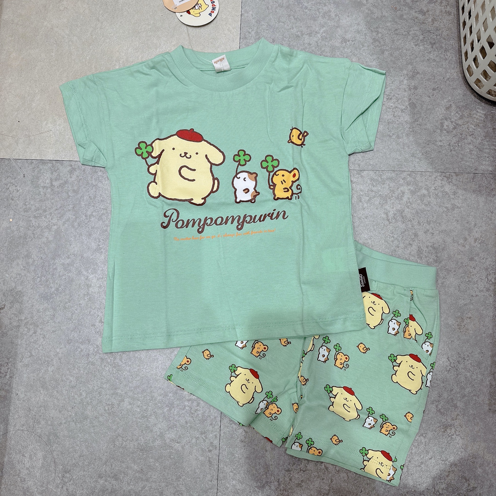 Bộ cotton Milkmile xuất Hàn hoạ tiết Pompomburin 2 màu hồng/mint cho bé size 90-130