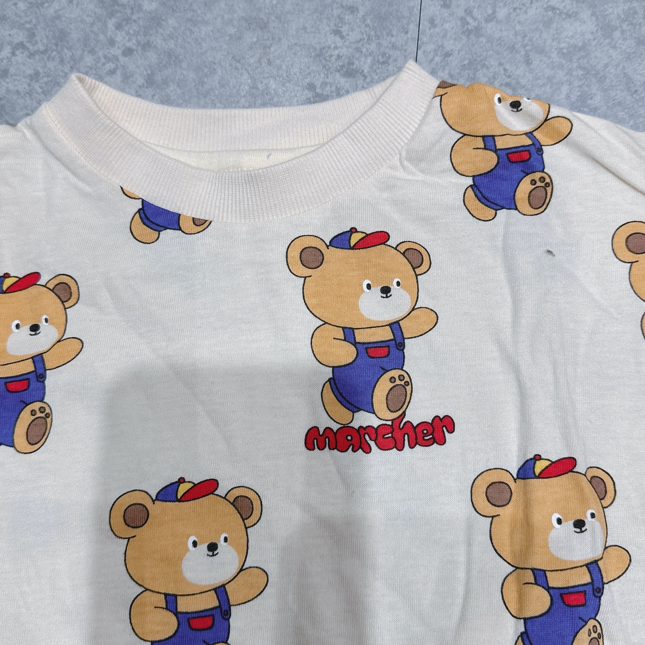 Bộ cotton Milkmile xuất Hàn màu be hoạ tiết gấu in tràn cho bé size 90-130