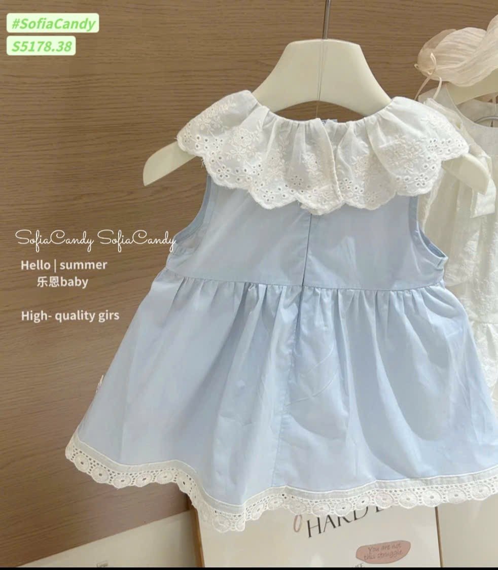 S5178 - Váy thô xanh Sofia Candy phối cổ ren trắng thêu bé gái size 1-10y