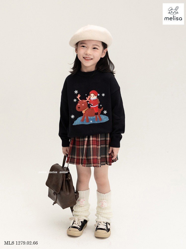 Bộ Melisa áo da cá đen tuần lộc / be cún  - chân váy kaki liền quần kẻ đỏ size 2 - 12y