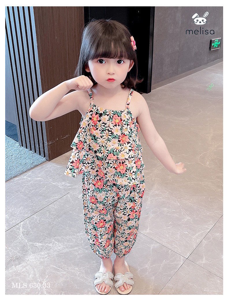 Bộ thô lanh Melisa áo 2 dây xếp bèo - quần boom 2 màu hoa size 2 - 11y
