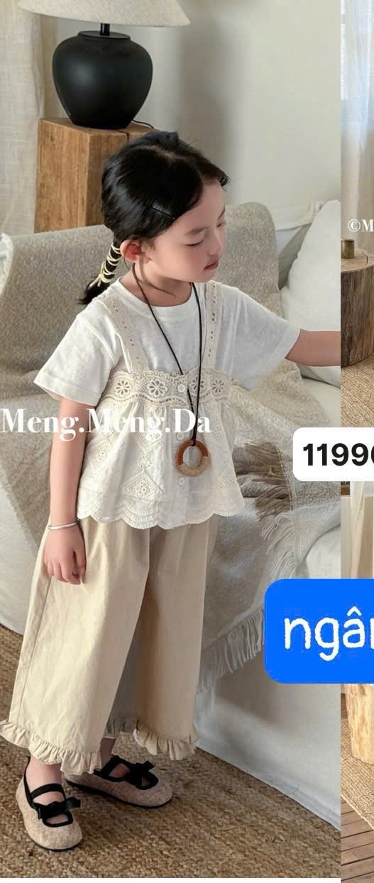 Set 3ct ao thun màu kem + áo 2d ren + quần suông bé gái size 90-130