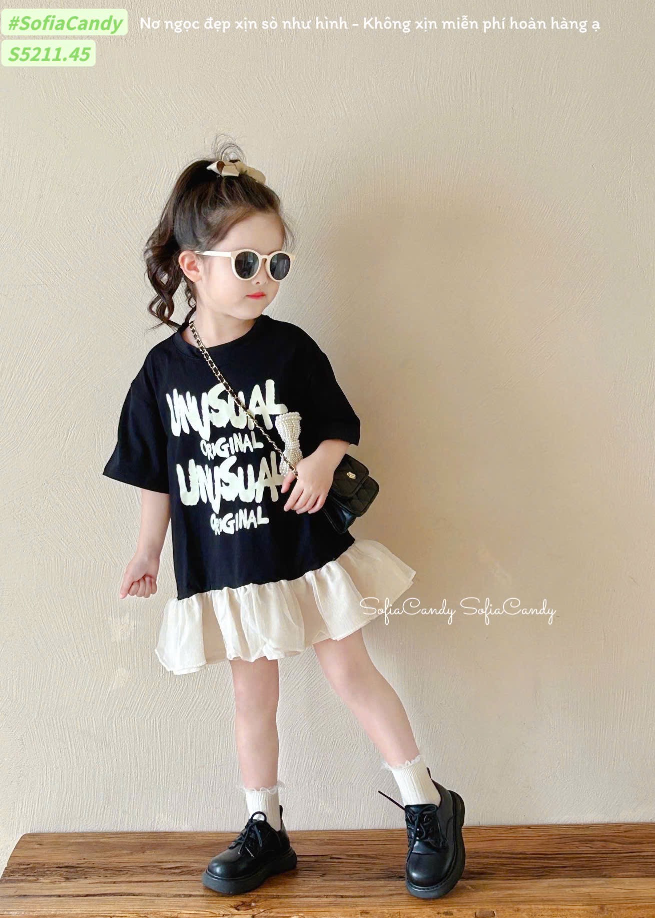S5211 - Váy Sofia Candy màu đen phối nơ dáng babydoll bé gái size 1-10y