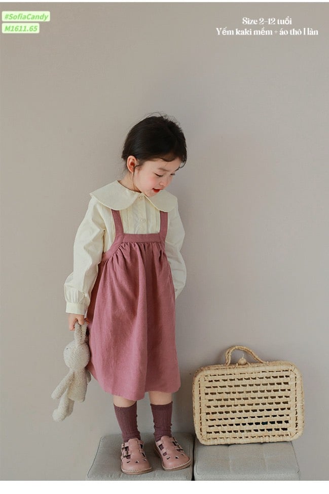 Set Sofia Candy áo sơ mi vàng kem - váy yếm hồng vỏ đỗ size 2 - 12y