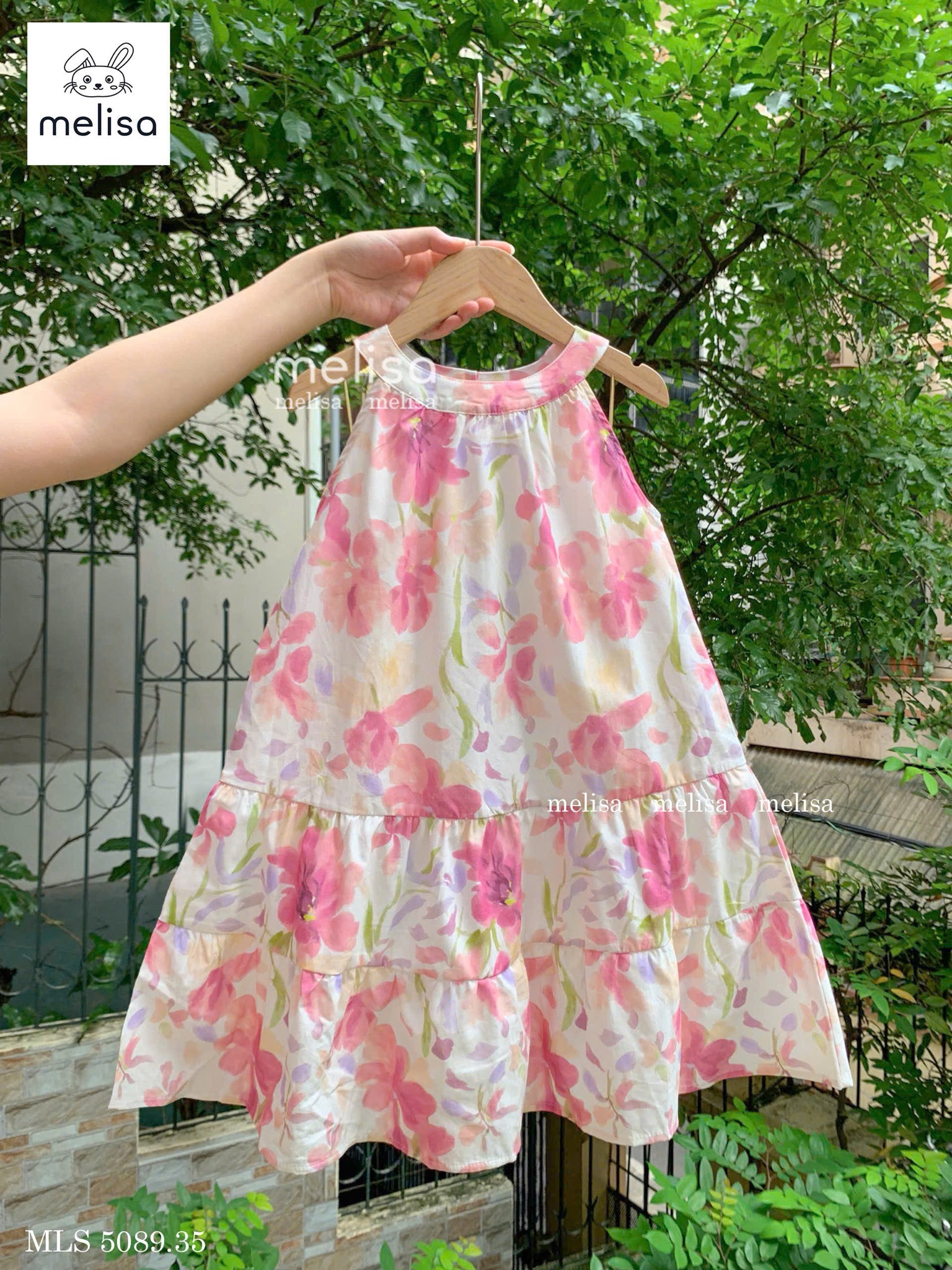 MLS 5089 - Váy Melisa cổ yếm vải thô hoa hồng bé gái size 2-12y