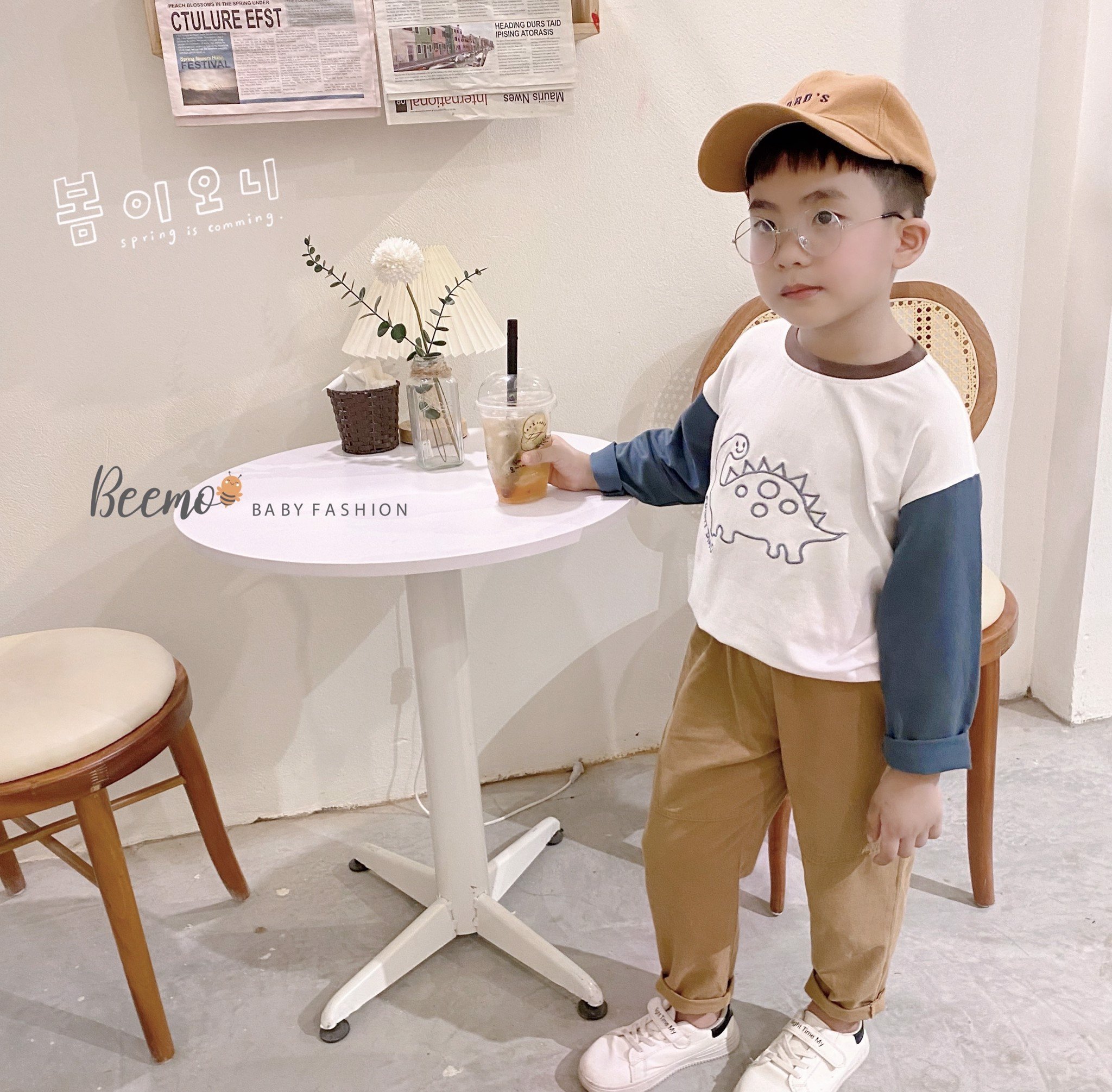 Bộ Beemo áo cotton sư tử / khủng long - quần kaki 2 màu BT 80 - 130