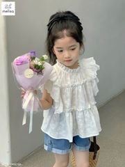 Set Melisa áo thô trắng thêu hoa tay bèo kèm quần jean 2-12y