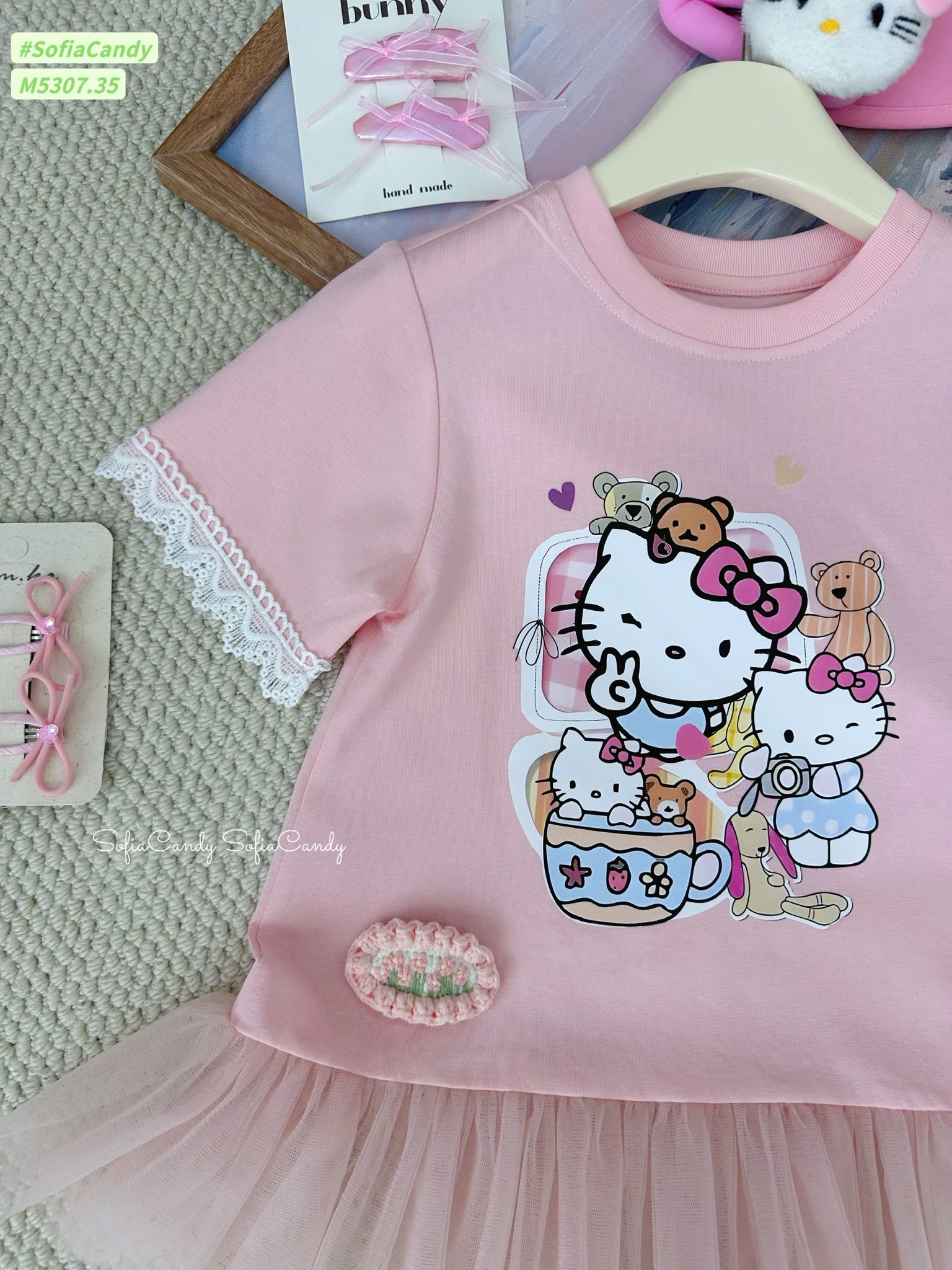 M5307 - Váy cotton Mia Kids hồng Hello Kitty chân váy phối voan size 1-10y